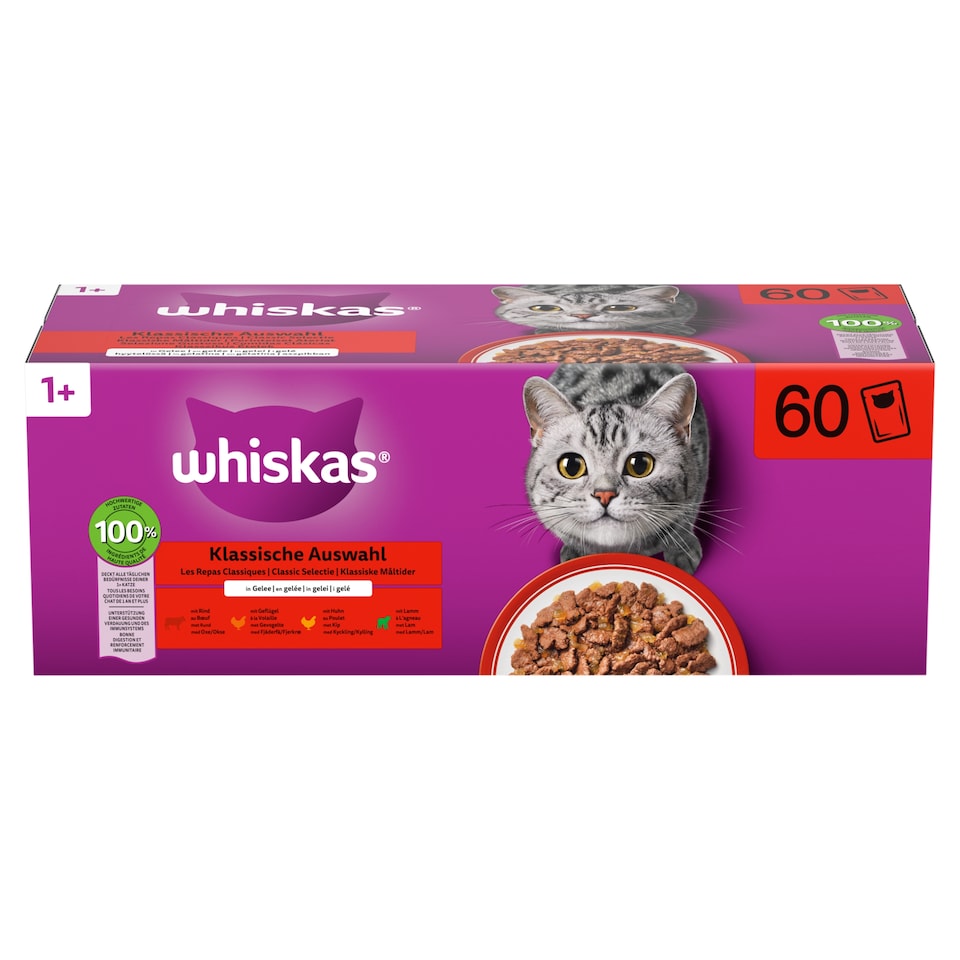 Whiskas 1+ Klasszikus Ételek teljes értékű nedves eledel felnőtt macskáknak 60 x 85 g (5,1 kg)