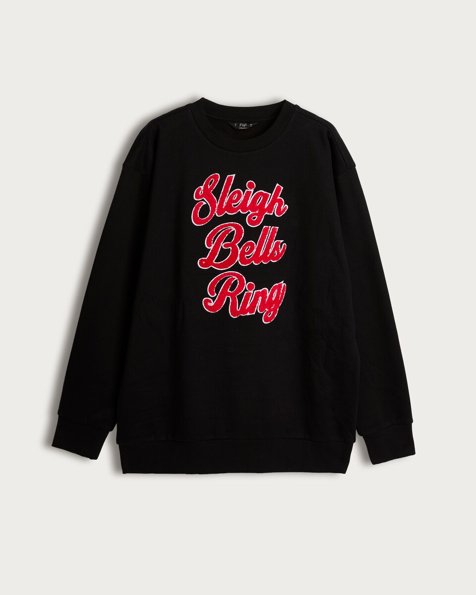 image 1 of F&F Cotton Rich Sleigh Bells Ring Textured Slogan Sweatshirt in Black