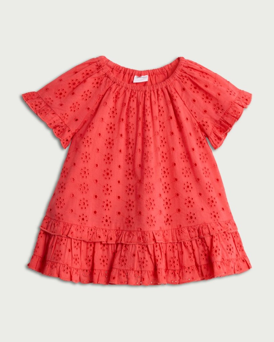 image 1 of F&F Baby Pure Cotton Broderie Short Sleeved Dress in Red