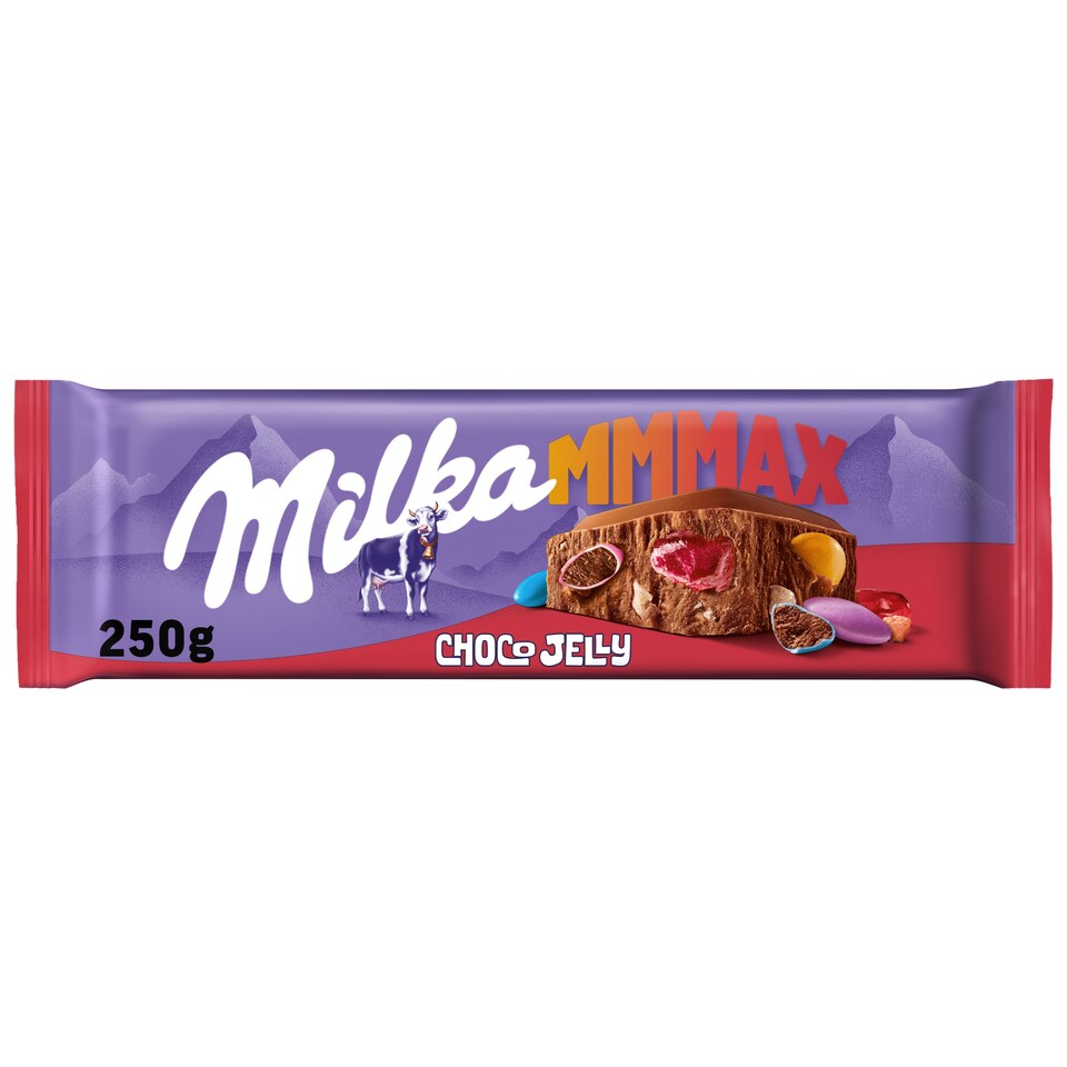 Milka Mmmax alpesi tejcsokoládé meggyes zselédarabkákkal, cukordrazséval és robbanócukorkával 250 g