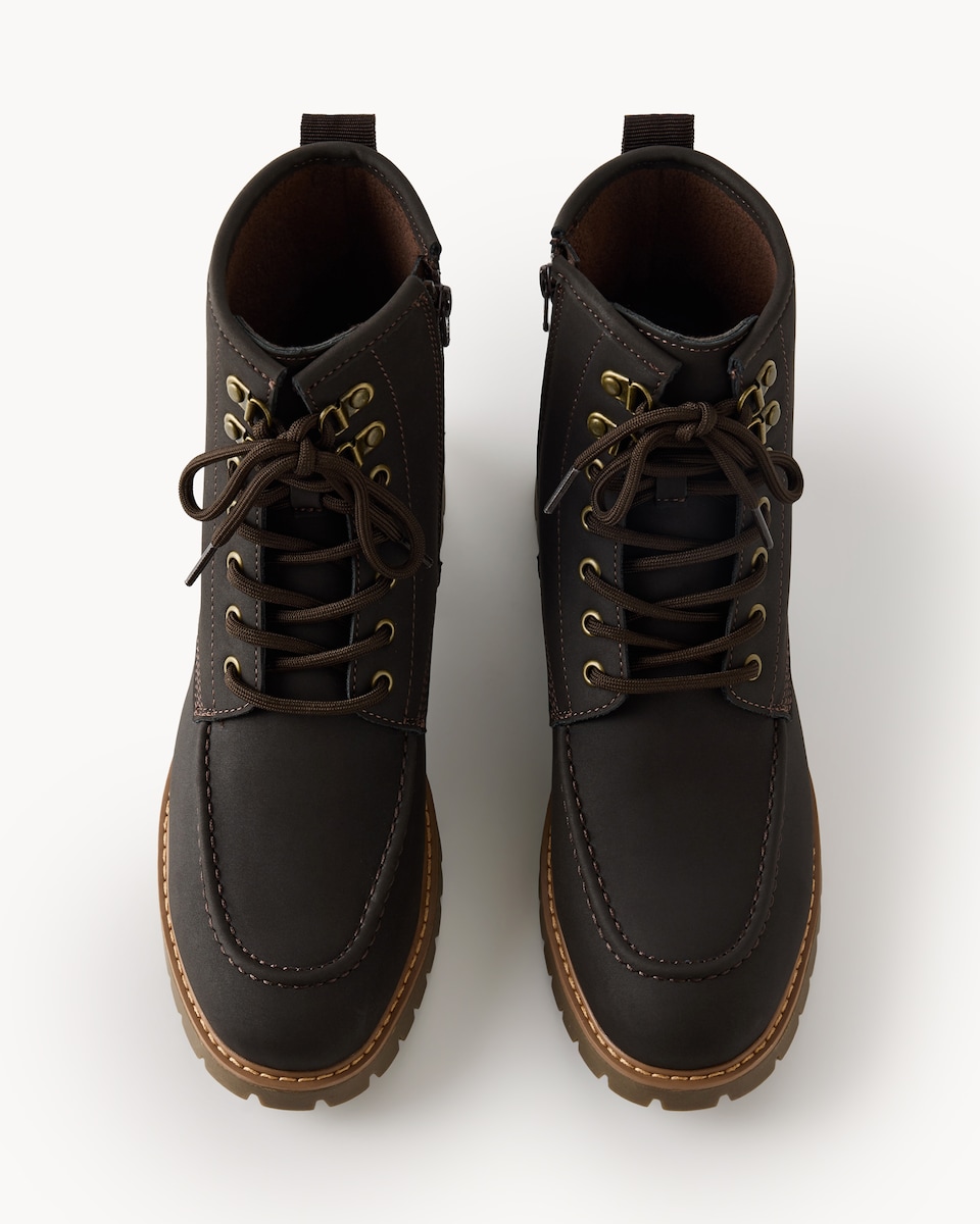image 1 of F&F Faux Leather Lace Up Ankle Boots in Chocolate