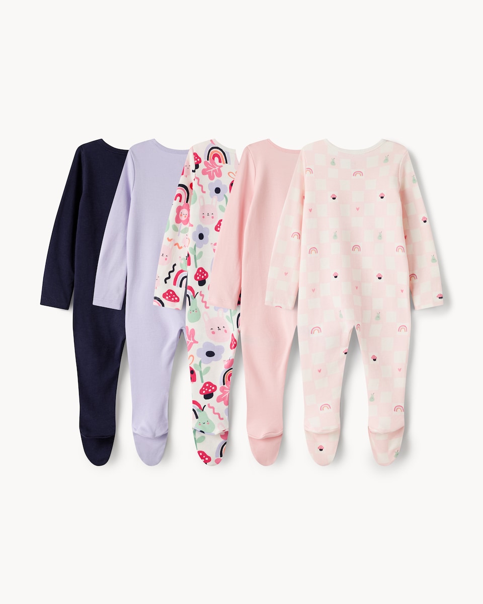 image 1 of F&F Baby 5-Pack Pure Cotton Printed Sleepsuits in Multi