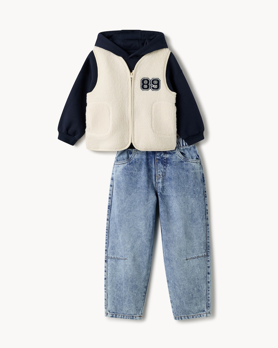 image 1 of F&F Boys 3-Piece Cotton Rich Borg Gilet Set in Cream