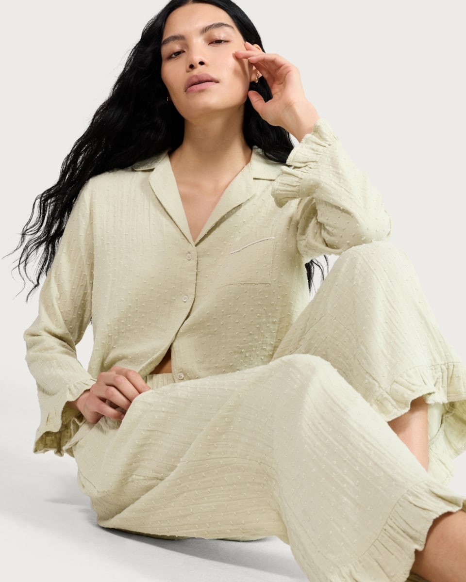 image 1 of The F&F Edit Pure Cotton Textured Frill Trim Pyjama Set in Green