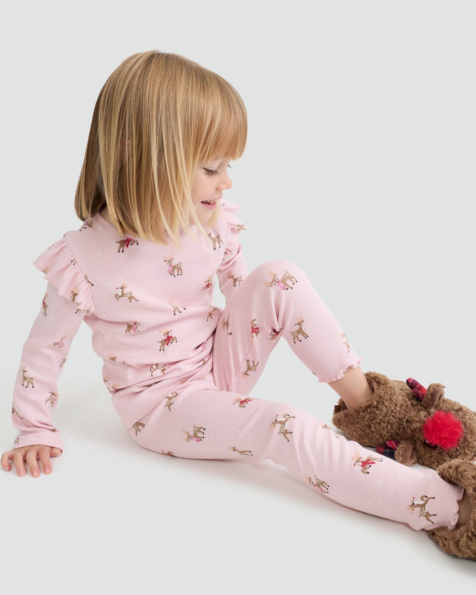 image 1 of F&F Girls Cotton Rich Reindeer Print Top and Leggings Pyjamas in Pink