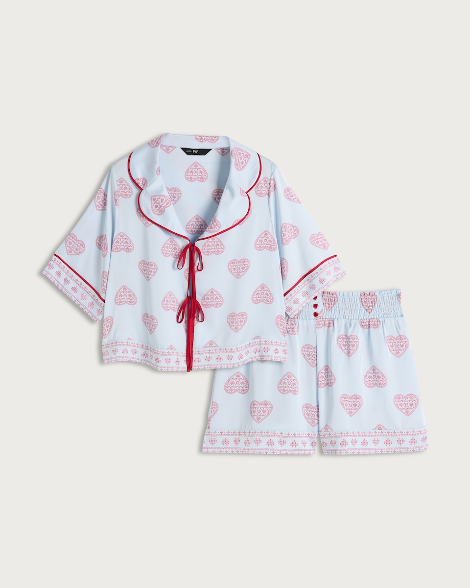 image 1 of F&F CoolEase™ Satin Heart Print Shirt and Shorts Pyjama Set in Multi Blue