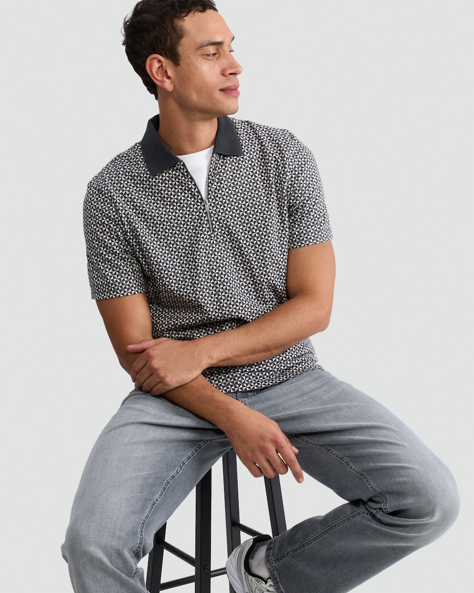 image 1 of F&F Pure Cotton Geometric Print Short Sleeved Polo Shirt in Cream