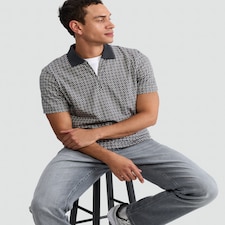 F&F Pure Cotton Geometric Print Short Sleeved Polo Shirt in Cream