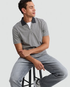 F&F Pure Cotton Geometric Print Short Sleeved Polo Shirt in Cream