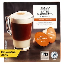 Tesco Latte Macchiato zmes praženej mletej kávy a sušené mlieko 8 x 7 g + 8 x 17,8 g (198,4 g)