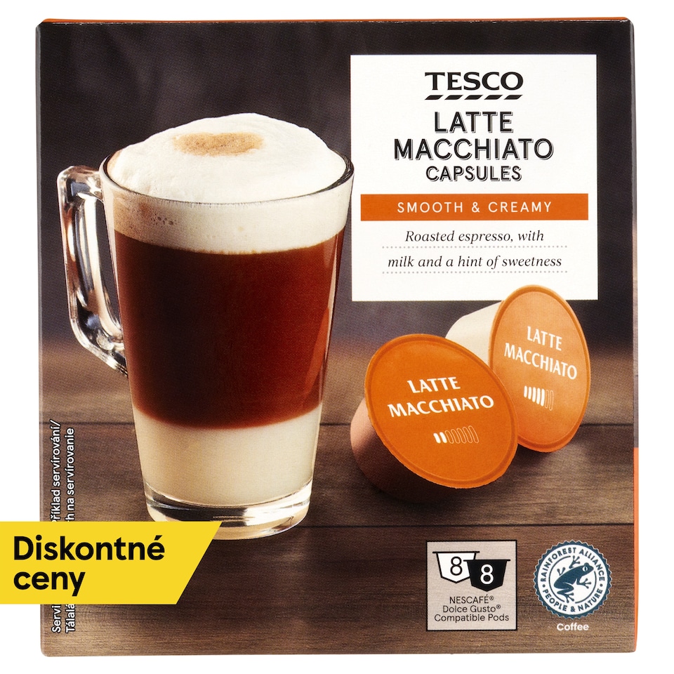 Tesco Latte Macchiato zmes praženej mletej kávy a sušené mlieko 8 x 7 g + 8 x 17,8 g (198,4 g)