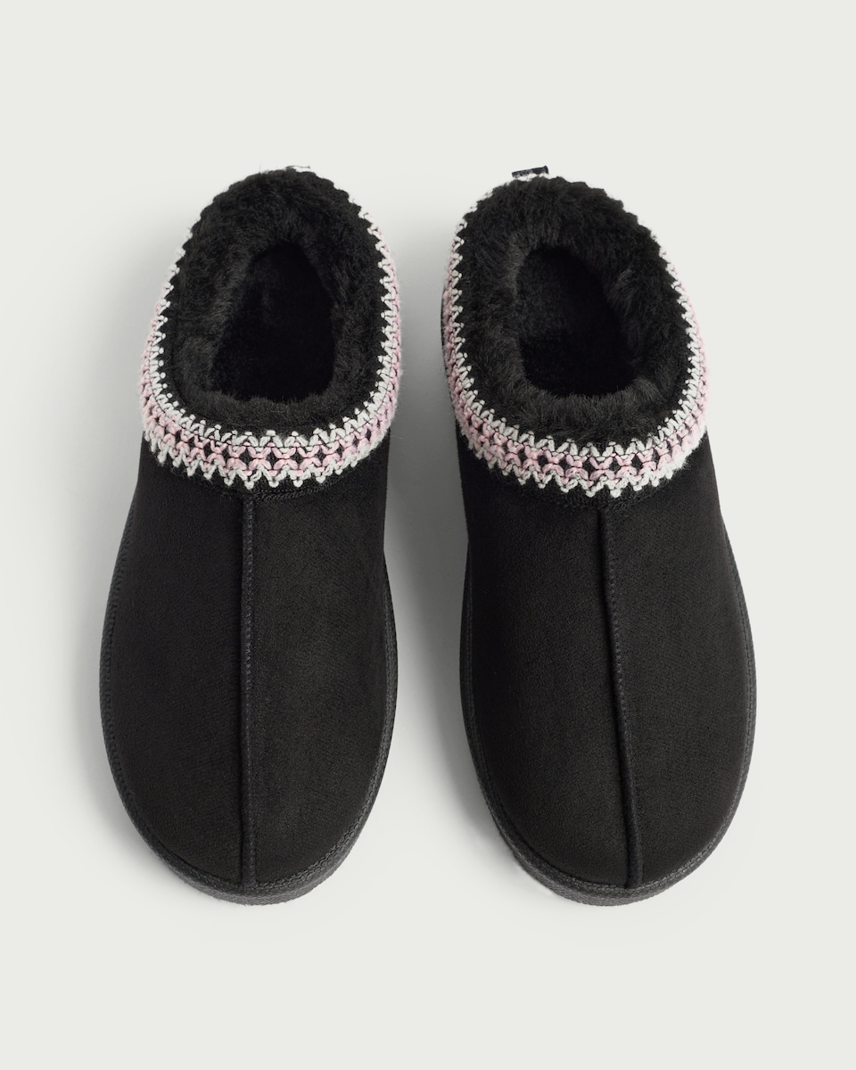 image 1 of F&F Girls Faux Fur Lined Embroidered Mule Slippers in Black