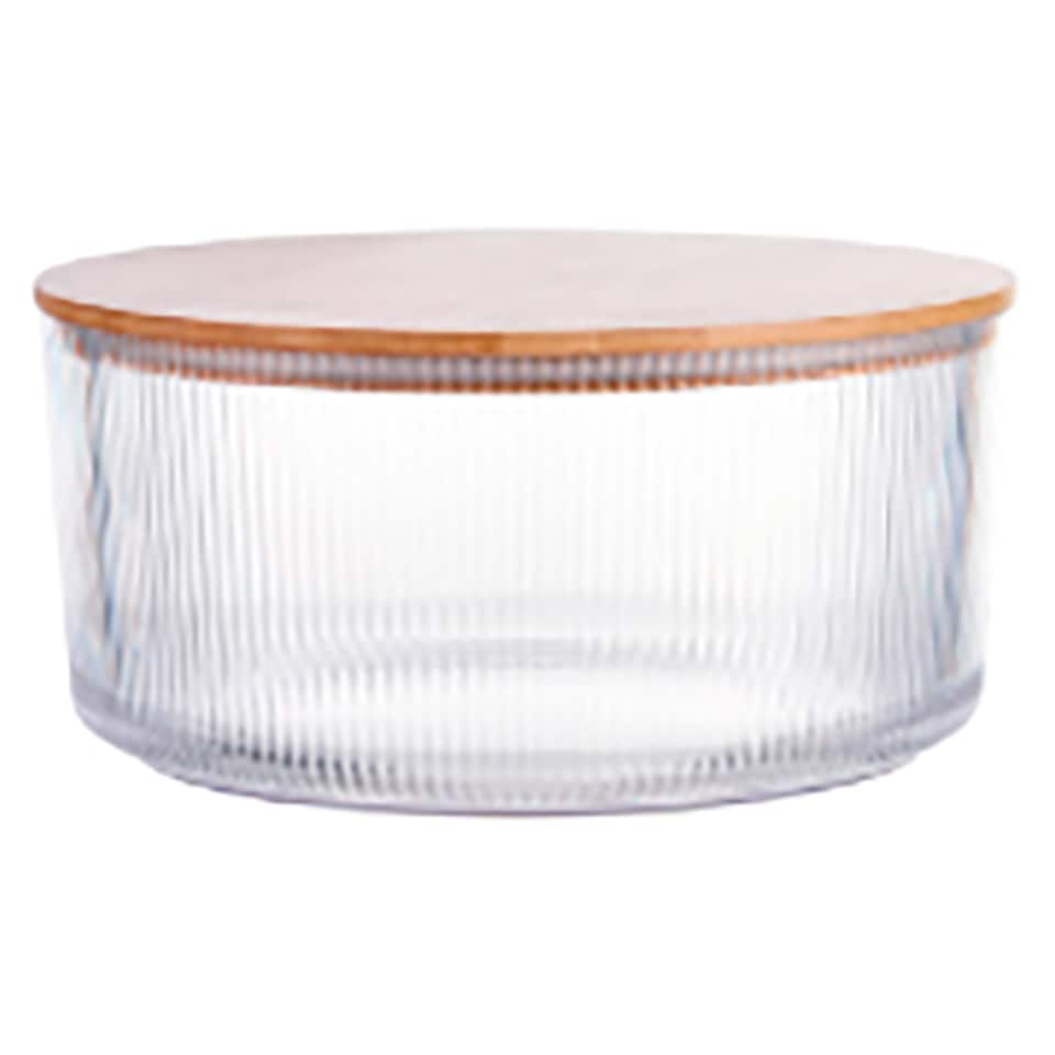 F&F Home clear ribbed bowl with  wooden lid 