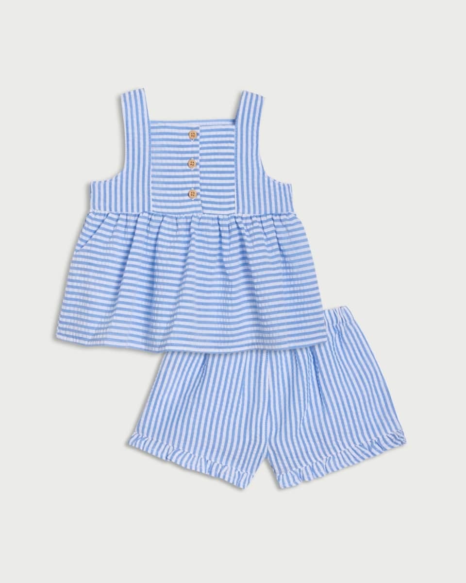 image 1 of F&F Baby 2-Piece Striped Vest and Shorts Set in Blue