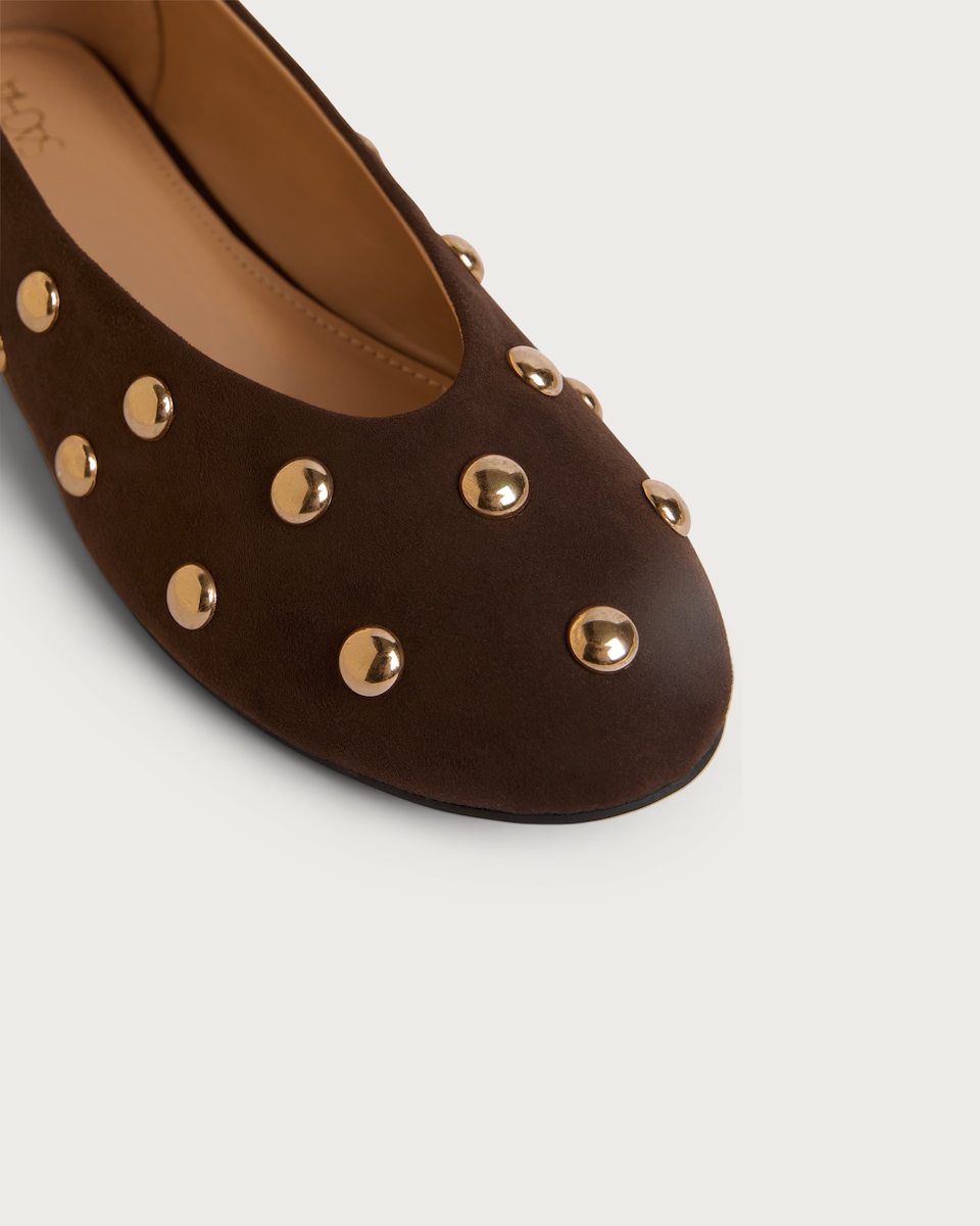 image 1 of SACHA Faux Suede Studded Ballet Flats in Brown