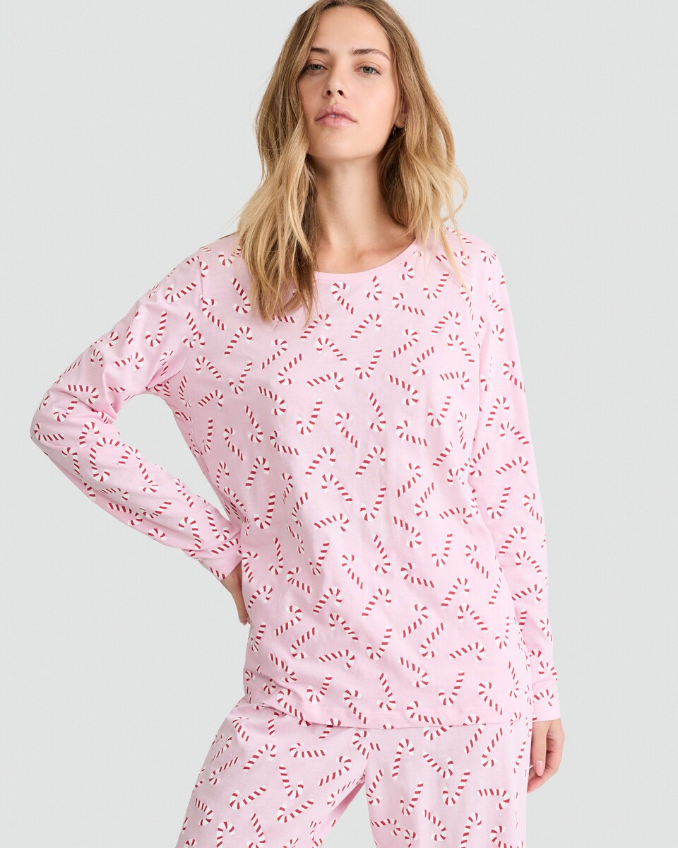 image 1 of F&F Pure Cotton Candy Cane Print Top and Trousers Pyjamas in Pink
