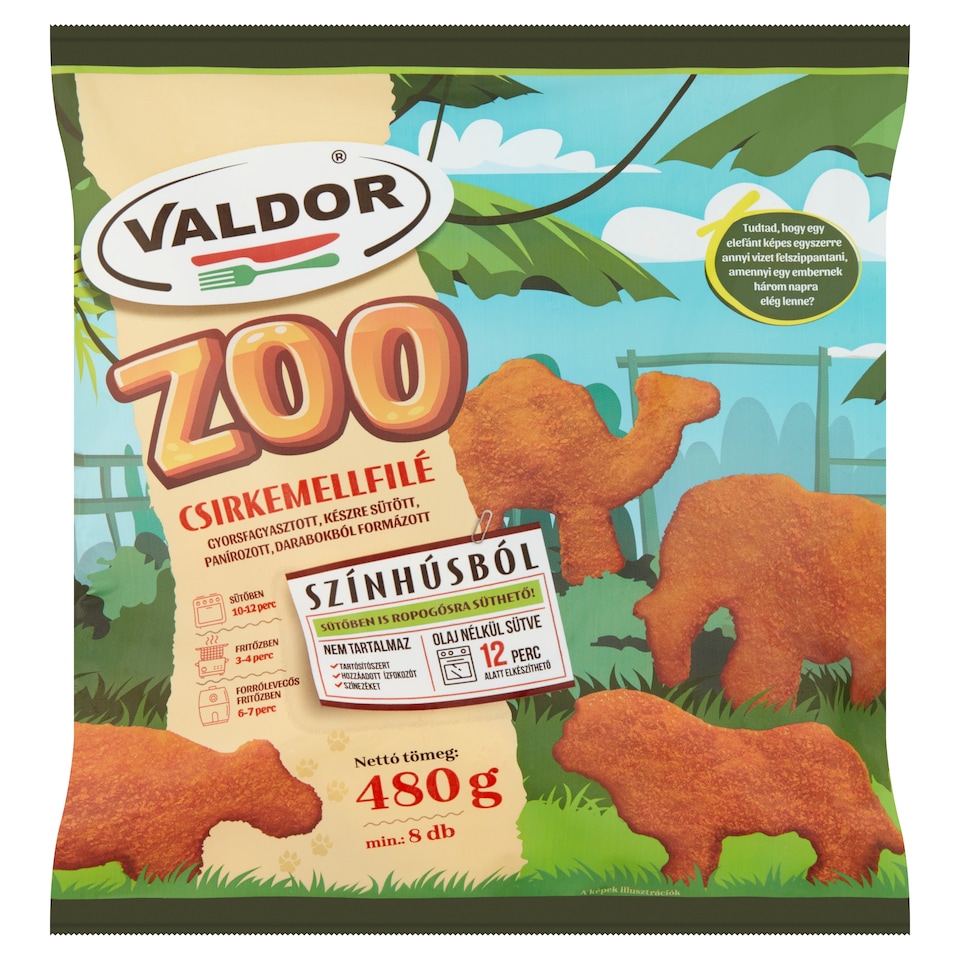 Valdor Zoo gyorsfagyasztott, készre sütött, panírozott, darabokból formázott csirkemellfilé 480 g  1. kép