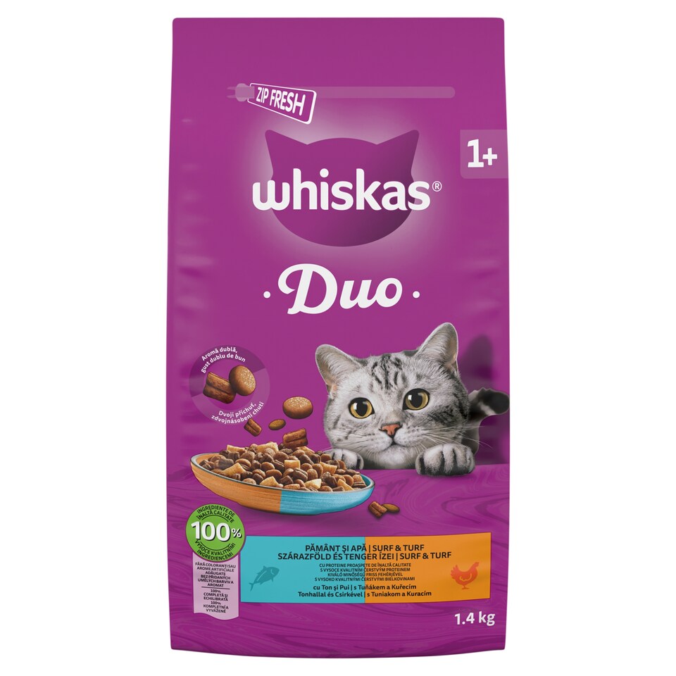 Whiskas Duo teljes értékű szárazeledel felnőtt macskák számára tonhallal és csirkével 1,4 kg