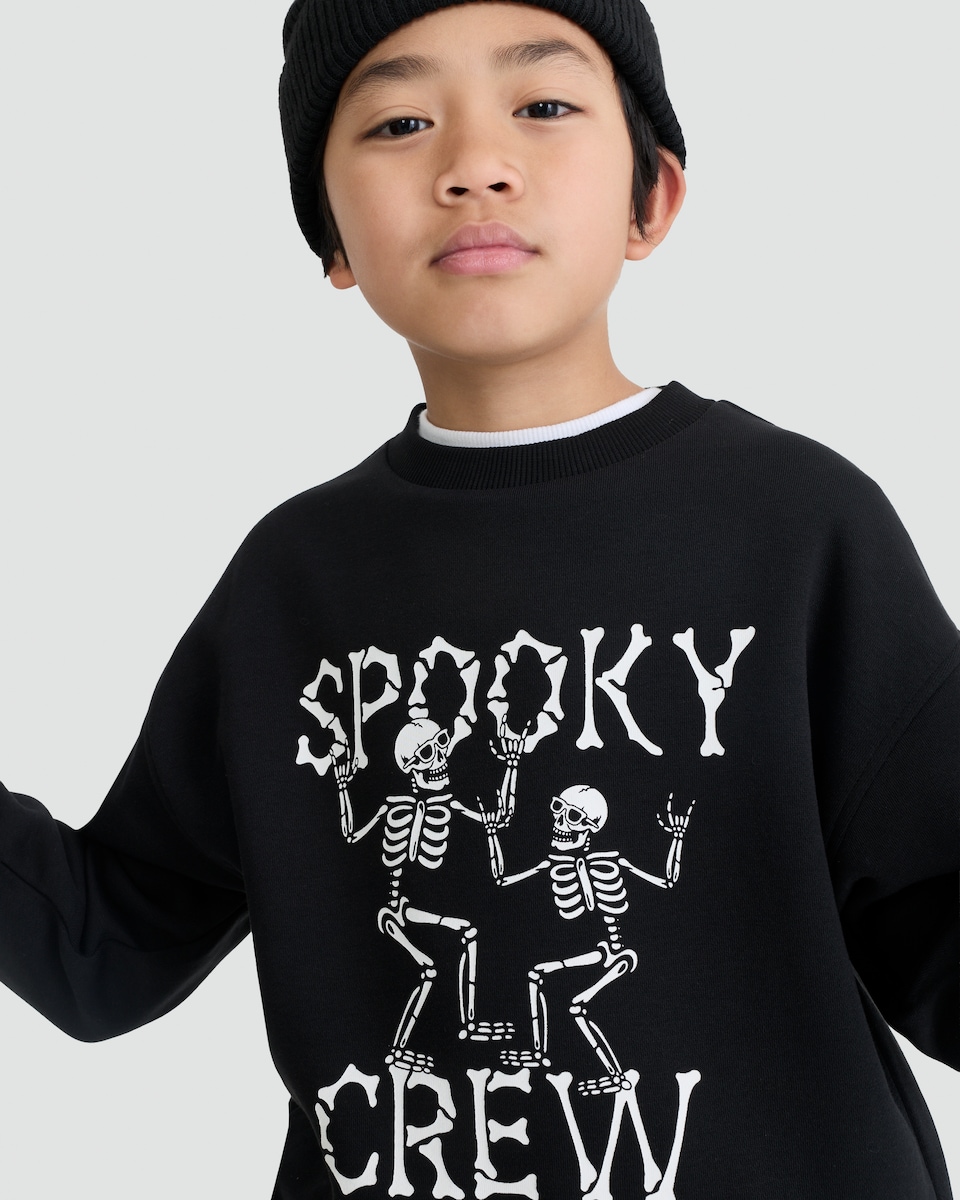 image 1 of F&F Boys Cotton Rich Spooky Crew Skeleton Print Sweatshirt in Multi