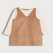 F&F Girls 2-Piece Suede Pinafore Dress and Top Set in Med Nude