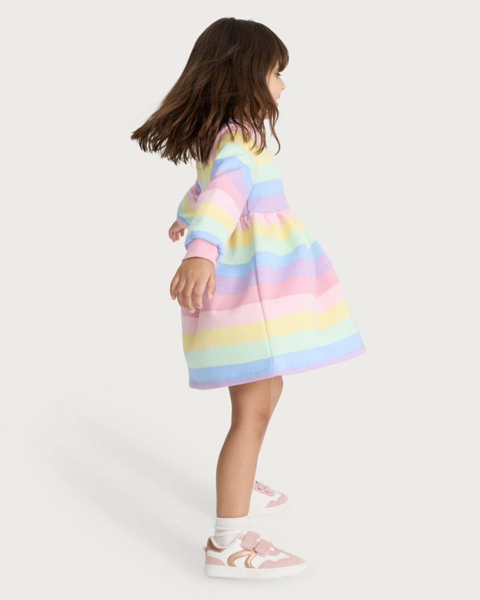 image 1 of F&F Girls Cotton Rich Rainbow Long Sleeved Sweater Dress in Multi Pink