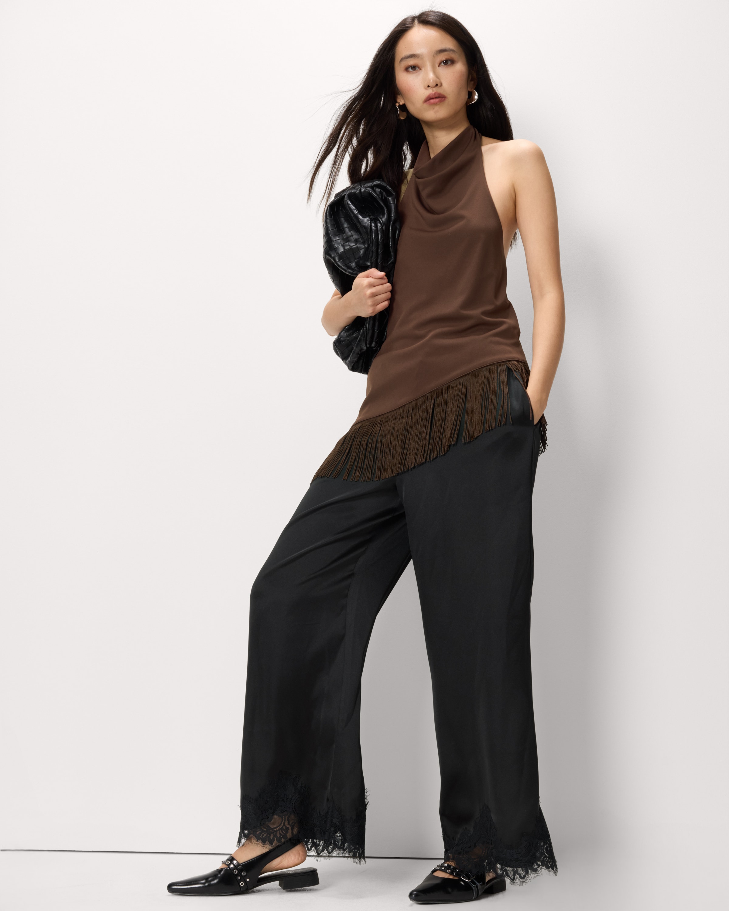 F&F Satin Wide Leg Lace Trousers in Black, 8, Womens
