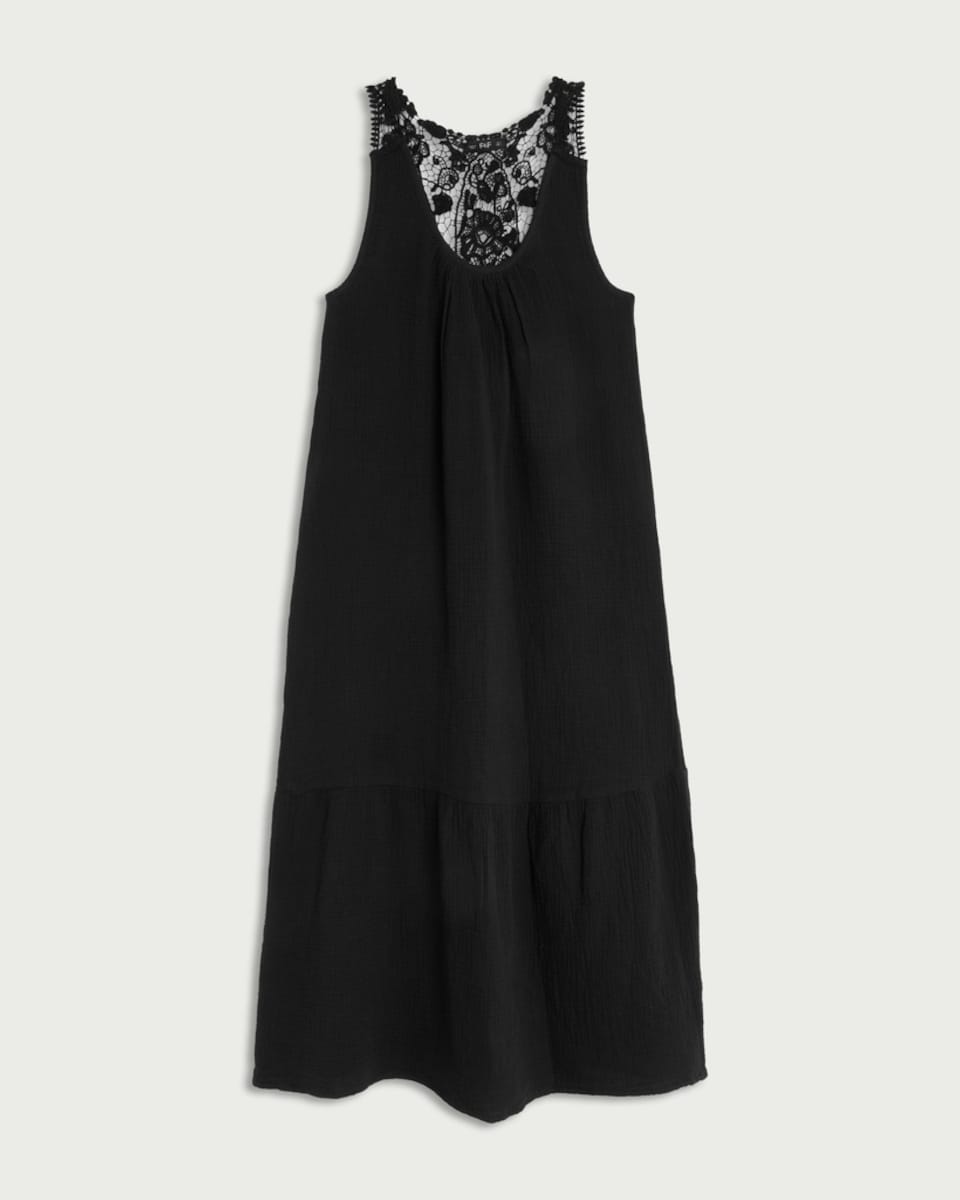 image 1 of F&F Pure Cotton Lace Back Sleeveless Midi Beach Dress in Black
