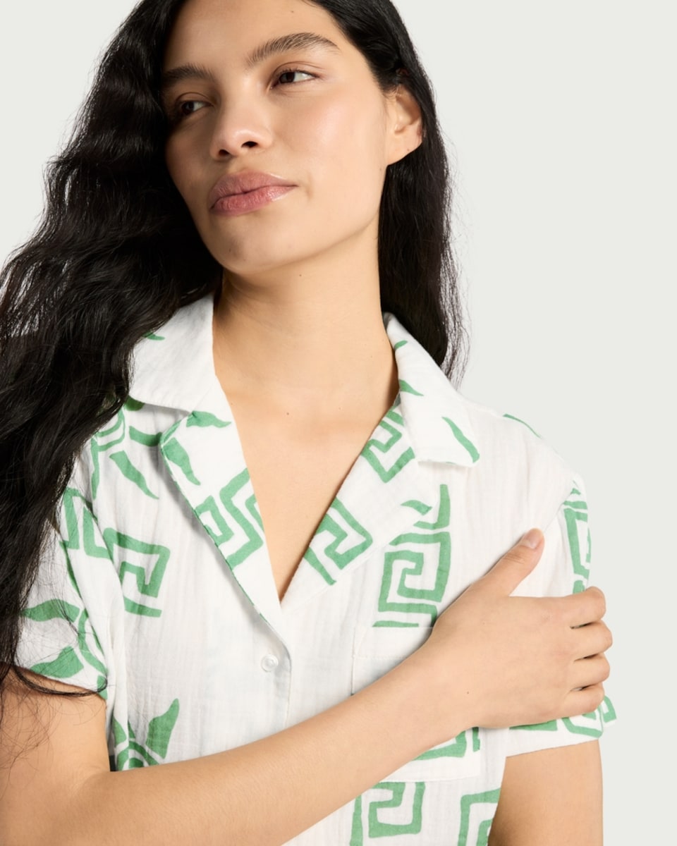 image 1 of F&F Pure Cotton Double Cloth Sun Print Shirt and Shorts Pyjama Set in Multi Green