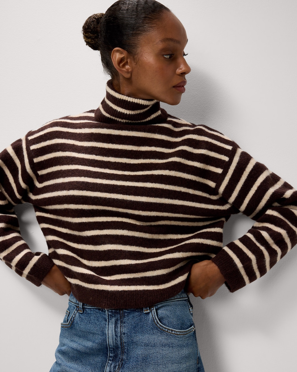 image 1 of F&F Striped Roll Neck Jumper in Multi Brown