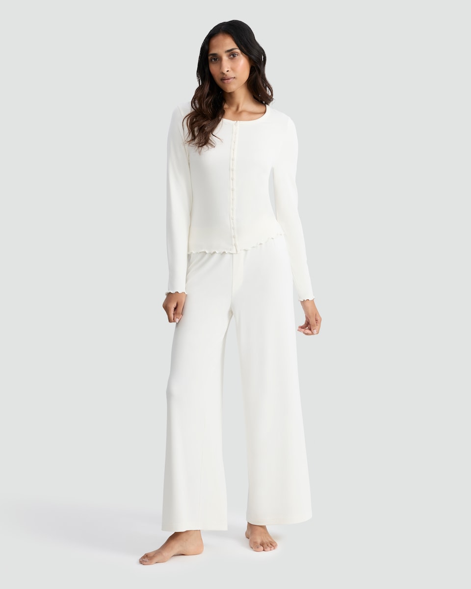 image 1 of Rise by Zara McDermott Modal Rich Button Front Pyjama Cardigan in Cream