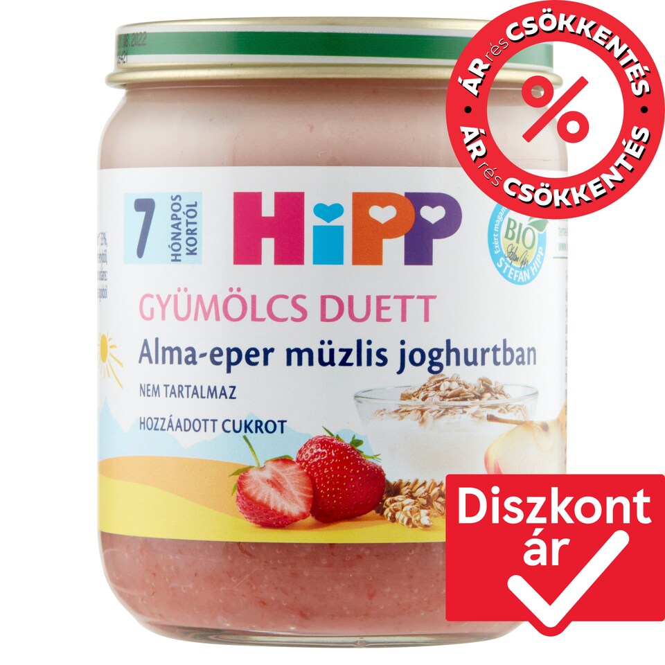 HiPP Gyümölcs Duett BIO alma-eper müzlis joghurtban bébidesszert 7 hónapos kortól 160 g