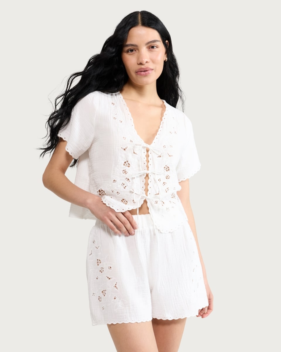 image 1 of The F&F Edit Pure Cotton Embroidered Pyjama Shorts in White