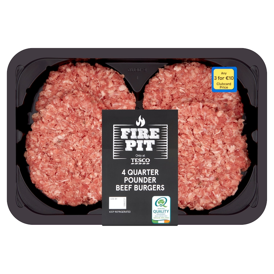 Tesco Fire Pit 4 Quarter Pounder Beef Burgers 454G