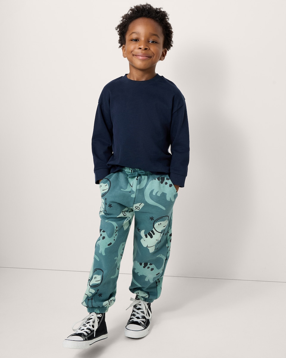 image 1 of F&F Boys Cotton Rich Dinosaur Cuffed Joggers in Teal