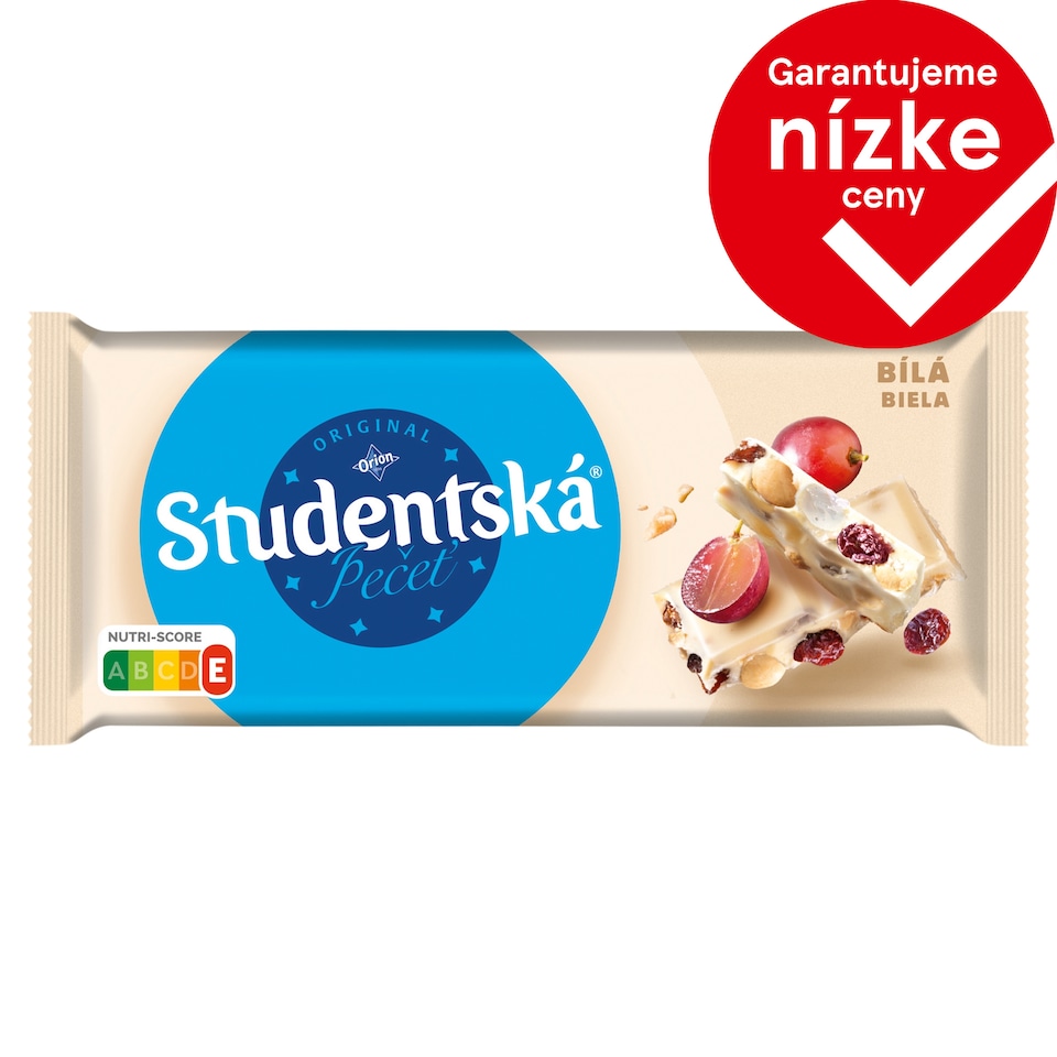 ORION ŠTUDENTSKÁ PEČAŤ biela čokoláda s arašidmi, hrozienkami a želé 170 g