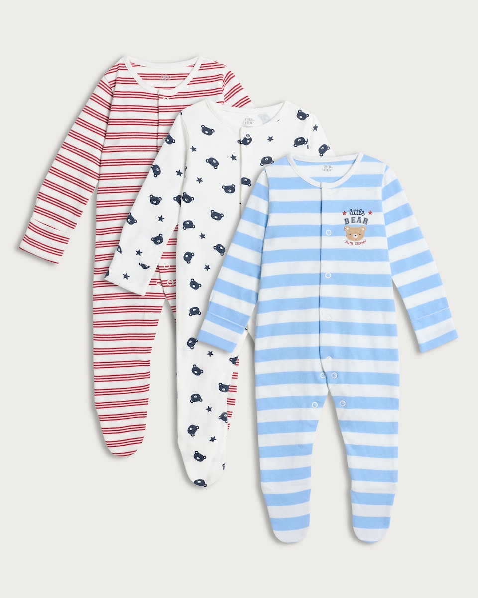 F&F Baby 3-Pack Pure Cotton Little Bear Long Sleeved Sleepsuits in Blue