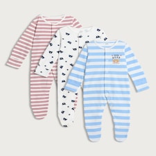 F&F Baby 3-Pack Pure Cotton Little Bear Long Sleeved Sleepsuits in Blue