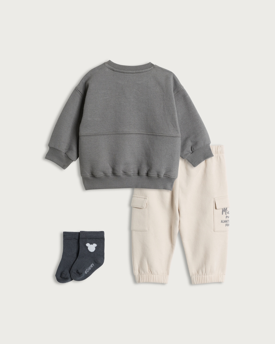 image 1 of Disney Mickey Mouse 3-Piece Cotton Rich Sweatshirt, Joggers and Socks in Grey