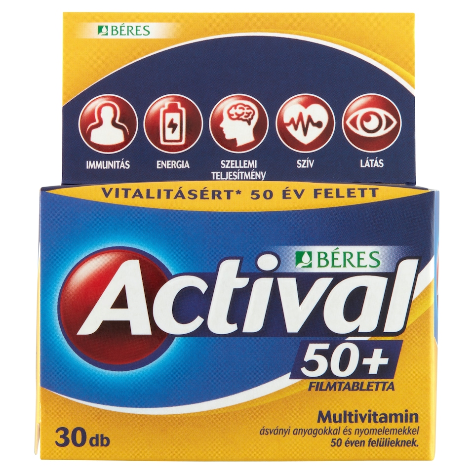 Béres Actival 50+ filmtabletta komplex étrend-kiegészítő multivitamin 30 x 1,425 g (42,8 g)  1. kép
