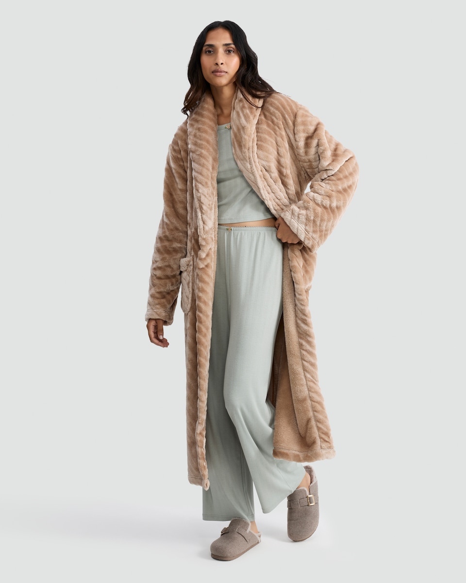 image 1 of F&F Fleece Textured Striped Dressing Gown in Camel