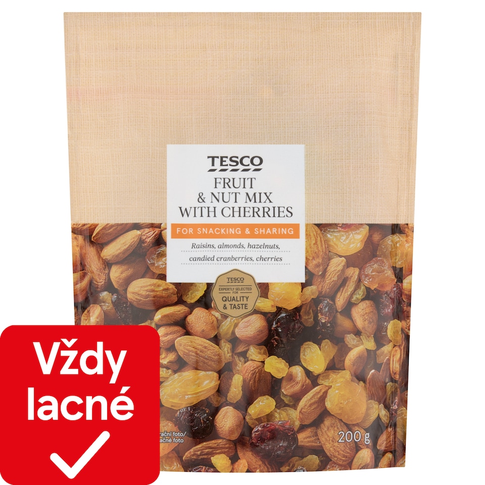 Tesco Zmes hrozienok, lúpaných škrupinových plodov, kandizovaných brusníc a čerešní 200 g