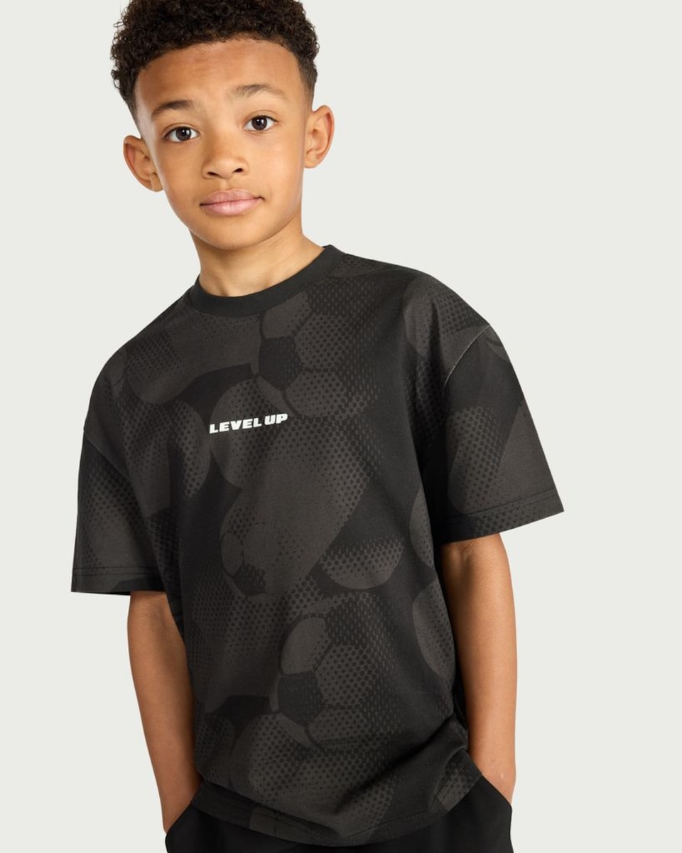 image 1 of F&F Boys Pure Cotton Level Up Football Print T-Shirt in Black