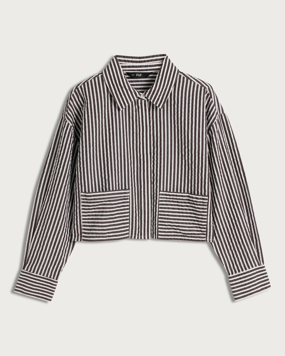 image 1 of F&F Pure Cotton Seersucker Striped Cropped Shirt in Navy