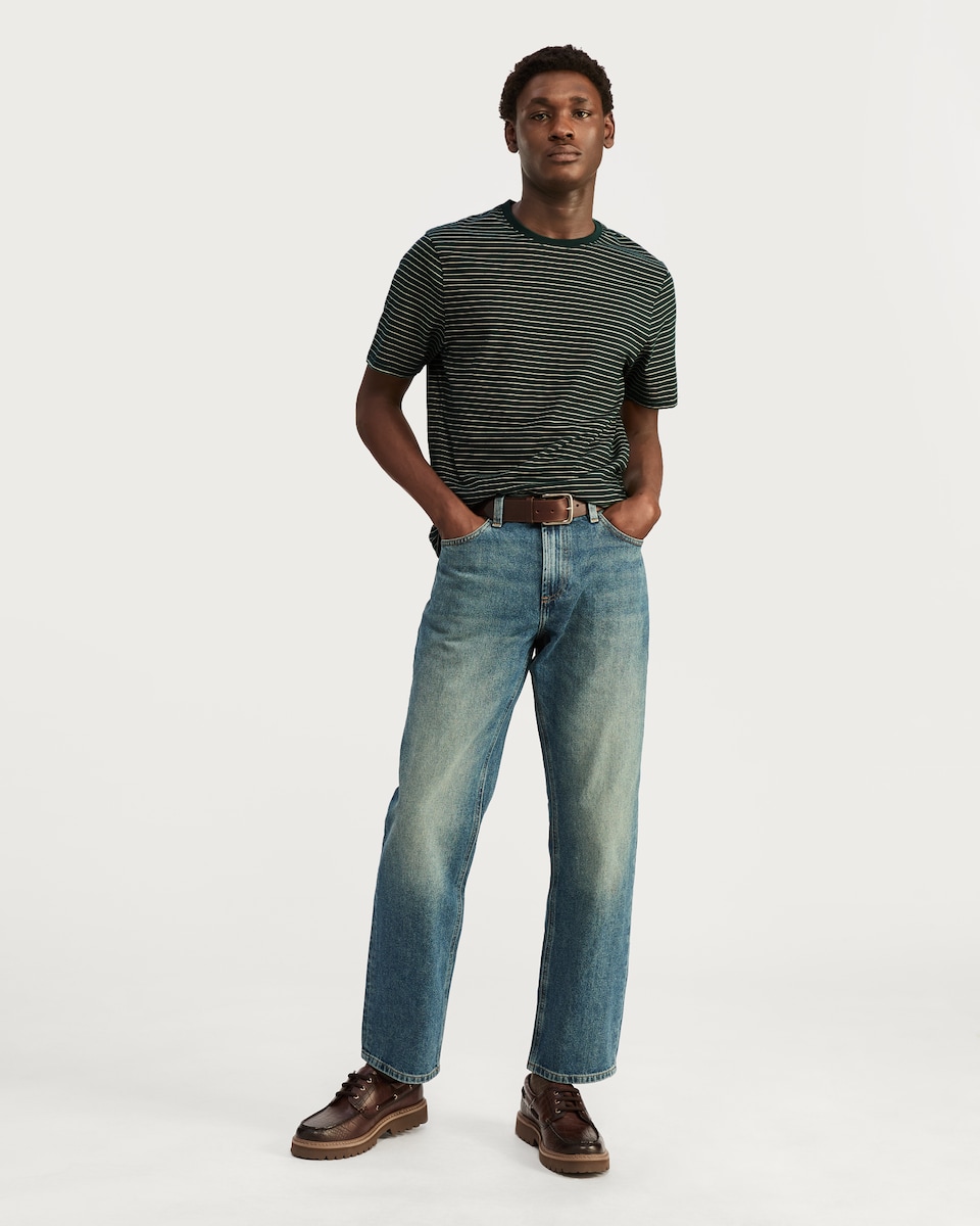 image 1 of F&F Pure Cotton Regular Fit Striped Short Sleeved T-Shirt in Green