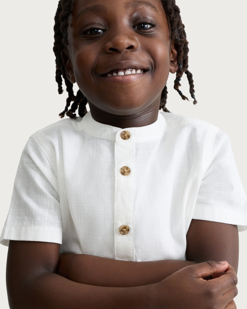 image 1 of F&F Boys Pure Cotton Grandad Collar Shirt in White