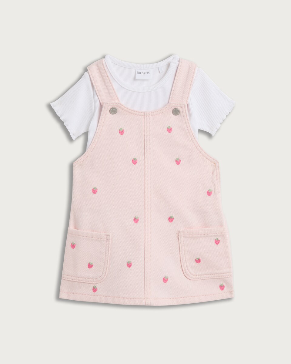 image 1 of F&F Baby Strawberry Embroidered Pinafore and Bodysuit Set in Pink
