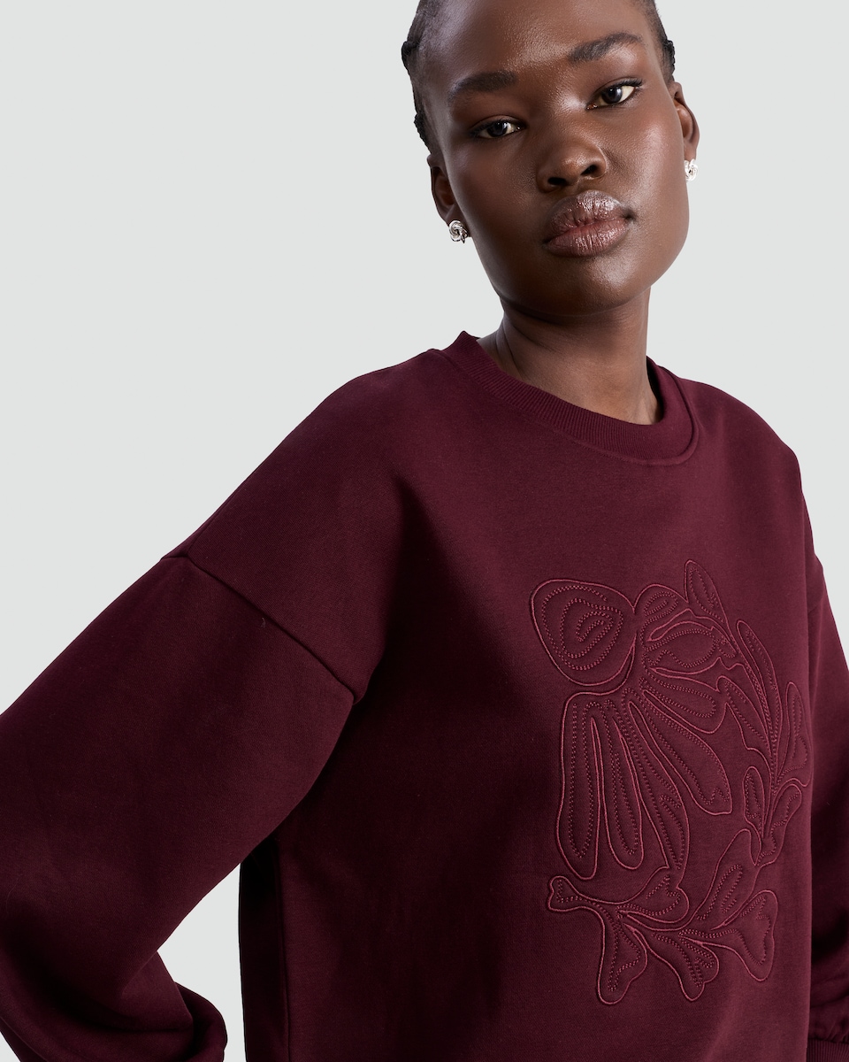 image 1 of F&F Cotton Rich Floral Appliqué Embroidered Sweatshirt in Burgundy
