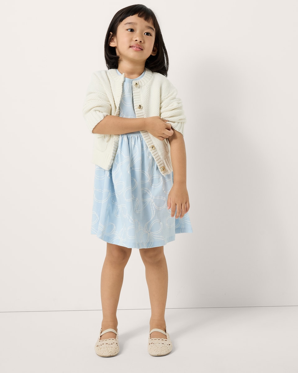 image 1 of F&F Girls Pure Cotton Bow Print Dress in Multi Blue