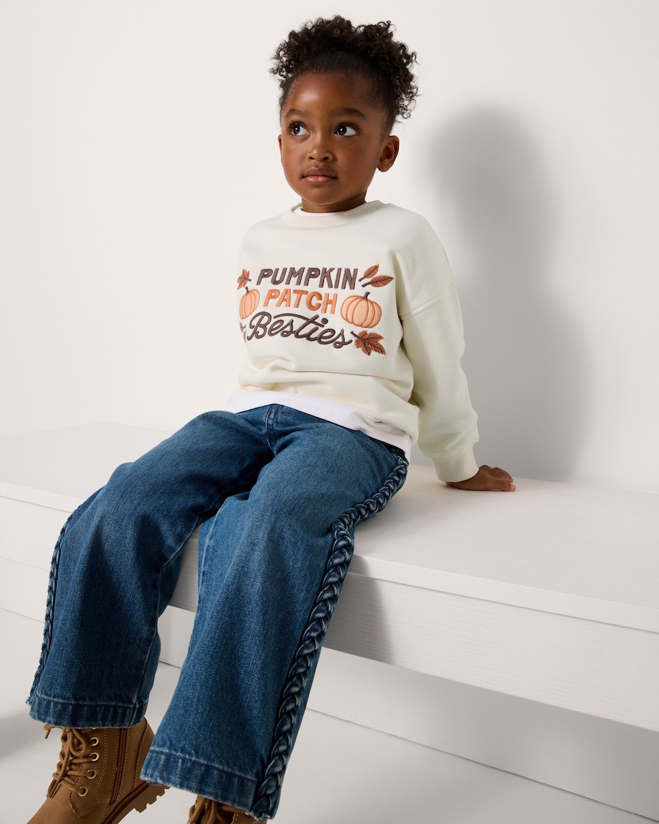 image 1 of F&F Girls Cotton Rich Halloween Pumpkin Sweatshirt in Cream