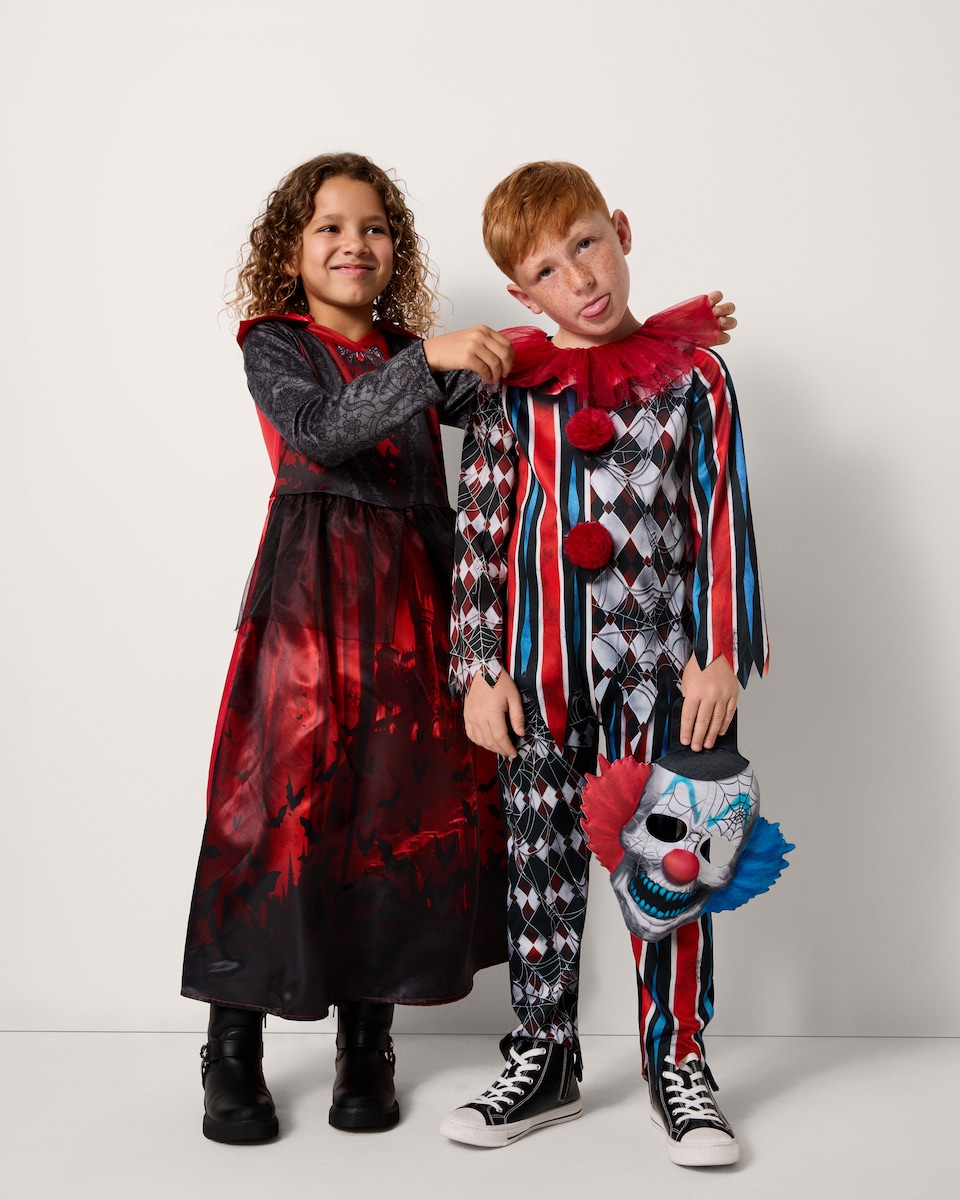 image 1 of F&F Boys Halloween Creepy Clown Fancy Dress Costume in Red